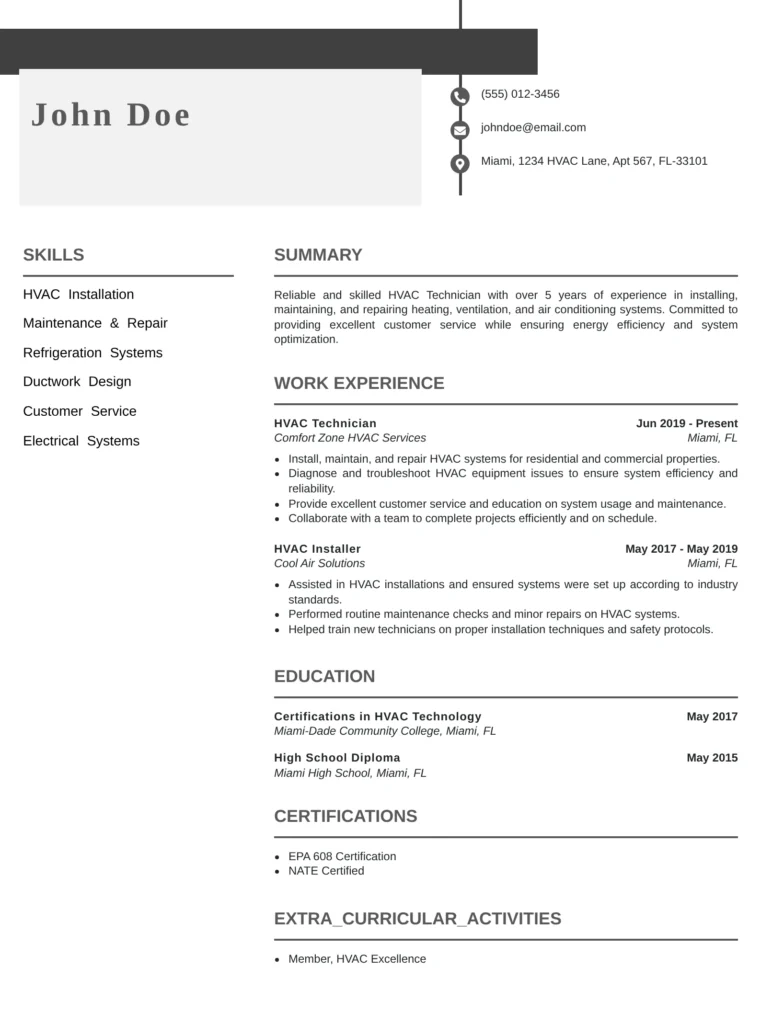 Professional HVAC technician resume featuring skills, summary, work experience, education, and certifications in a clean, structured layout.