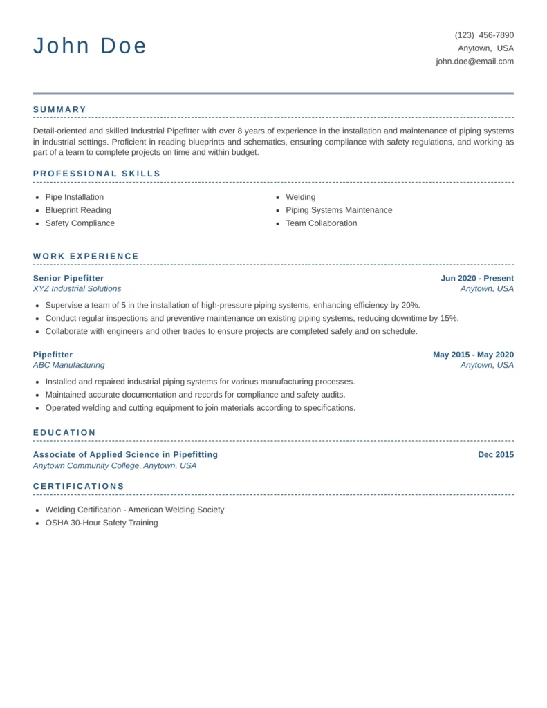 Professional pipefitter resume showing a clean, modern layout with sections for summary, skills, work experience, education, and certifications.