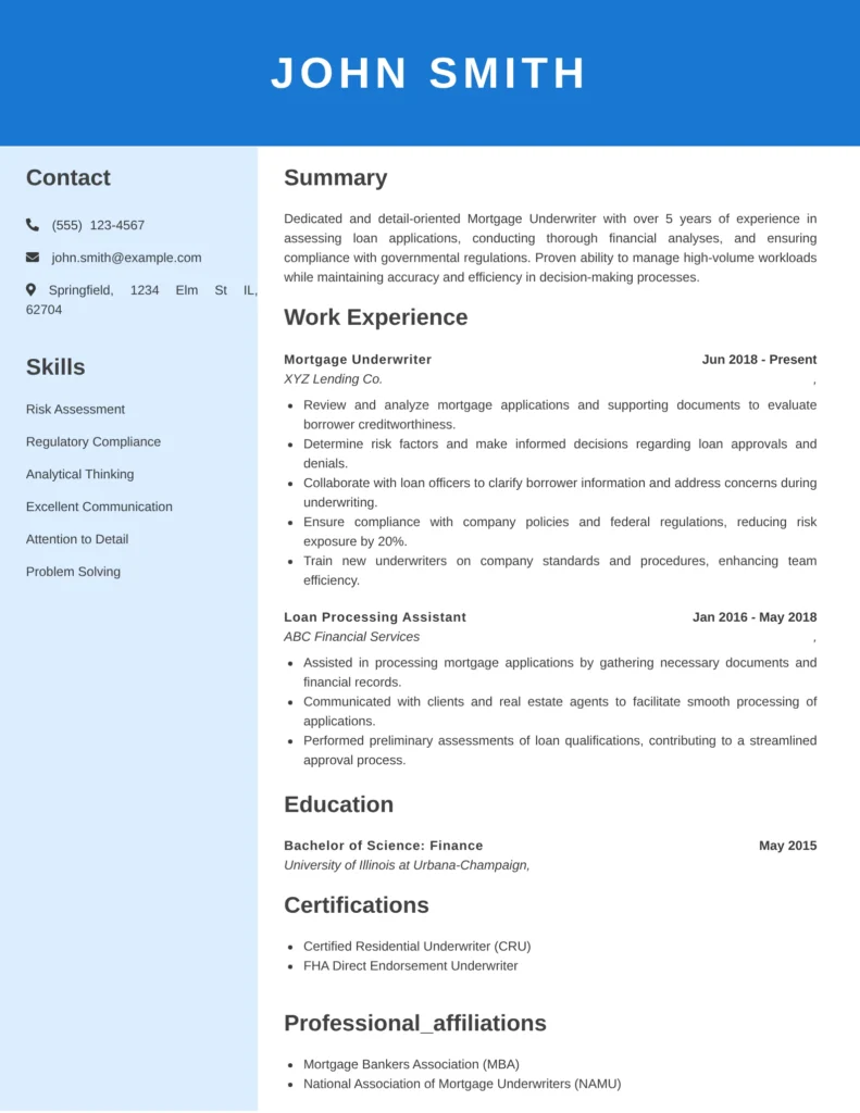 A professional mortgage underwriter resume for an individual named John Smith, featuring contact details, skills, summary, work experience, education, certifications, and professional affiliations in a clean two-column layout.