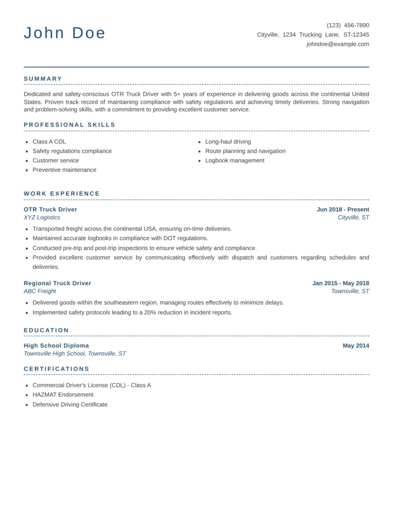 OTR truck driver resume example showing professional summary, CDL Class A skills, long-haul work experience, education, and certifications in an ATS-friendly format.