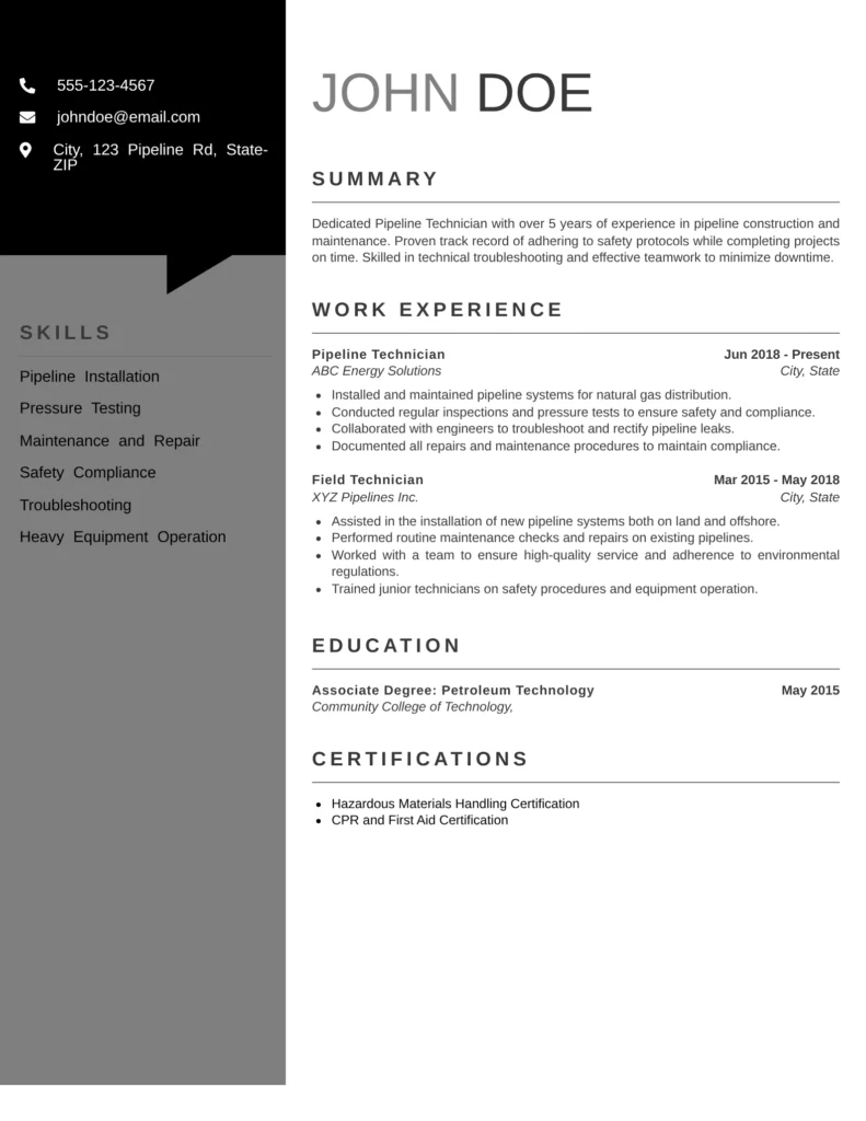 Professional pipeline technician resume featuring a clean two-column layout with skills, summary, work experience, education, and certifications.