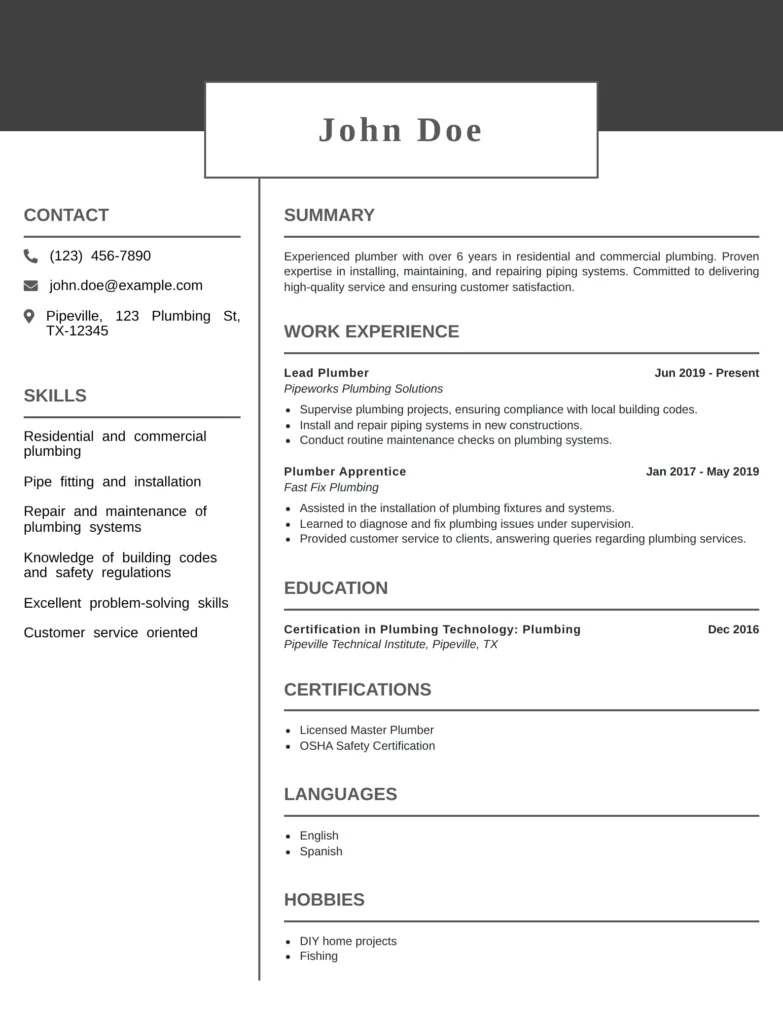 HVAC technician resume style example adapted for a plumber, showing skills, work experience, education, and certifications
