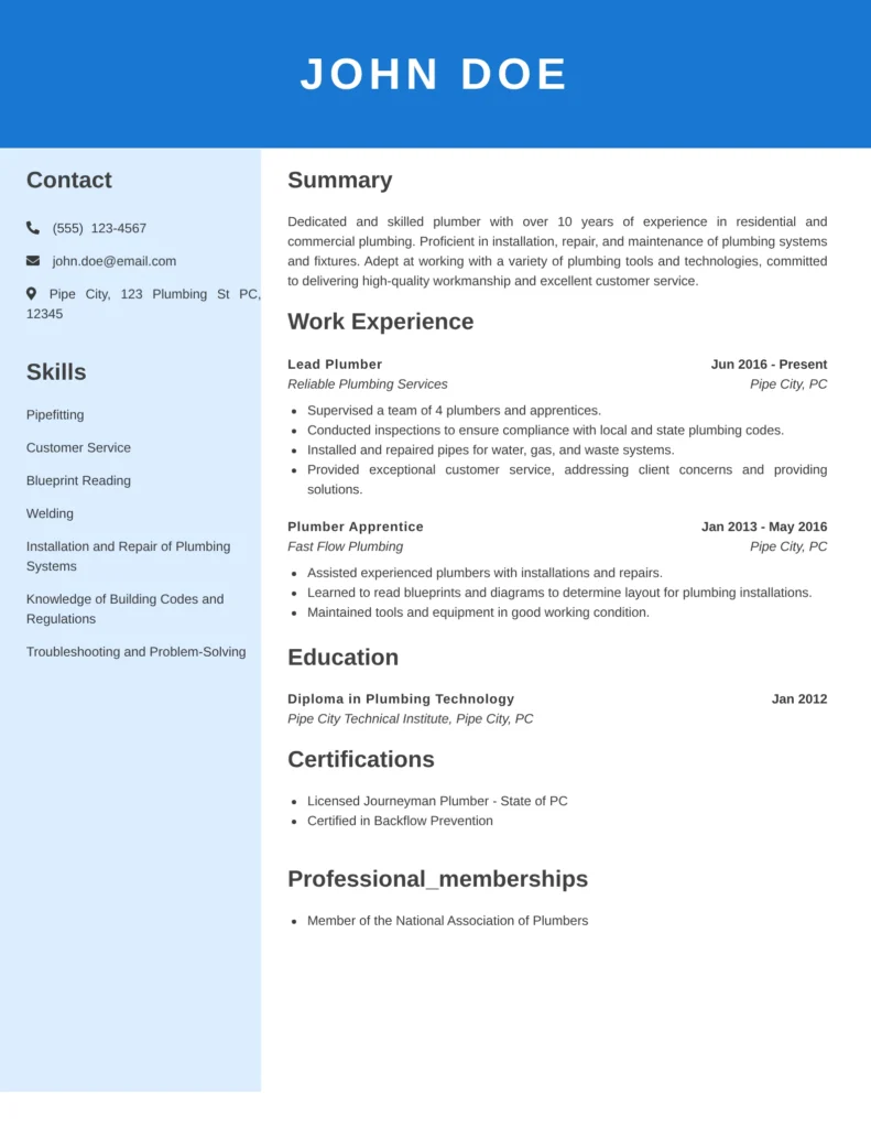 Professional plumber resume featuring contact details, skills, summary, work experience, education, certifications, and memberships in a clean two-column layout.