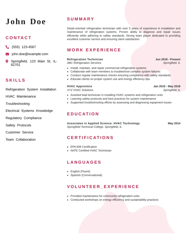 HVAC technician resume for a refrigeration technician highlighting skills, work experience, certifications, and education