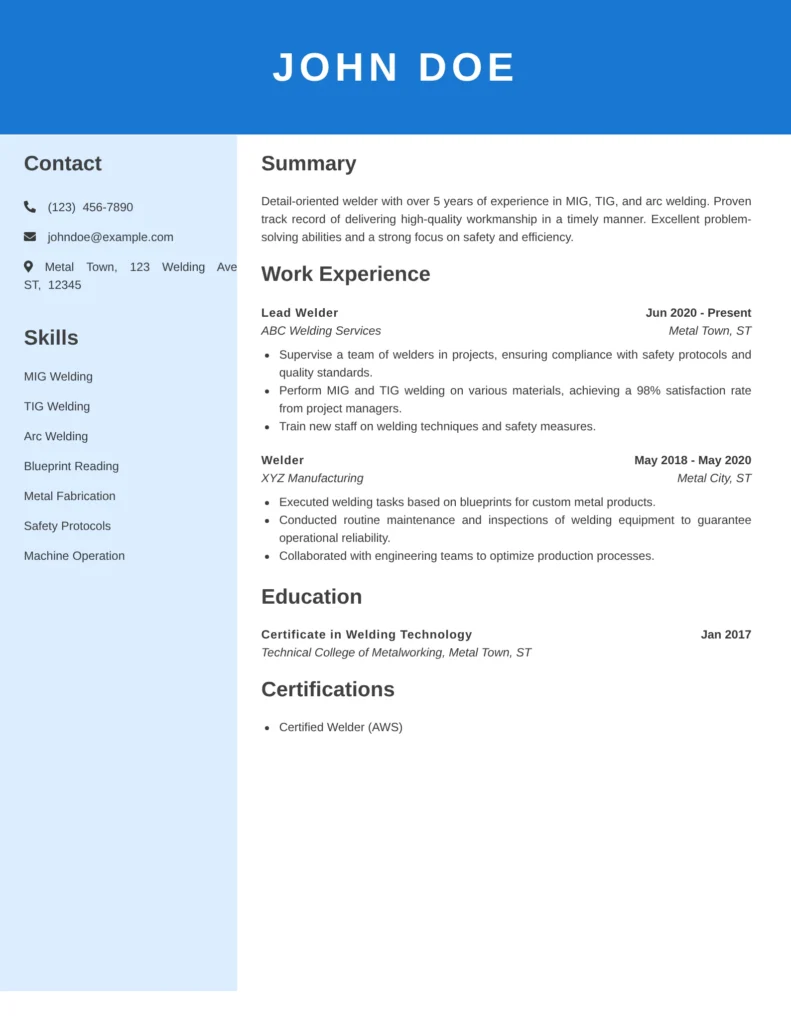 HVAC technician resume styled template shown with a blue header and two-column layout adapted for a skilled trades professional