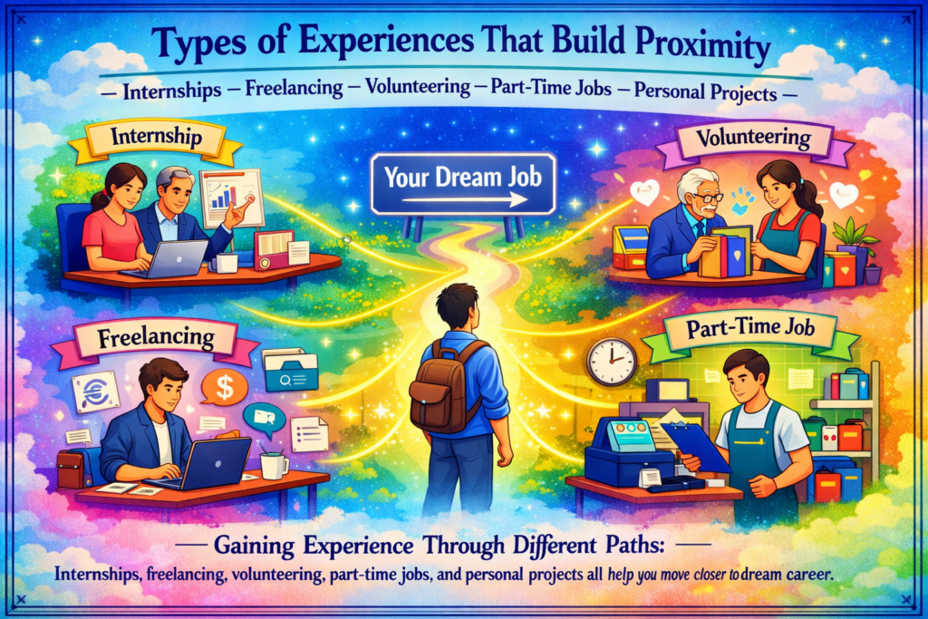 colorful career path infographic showing internships freelancing volunteering part time jobs and personal projects leading to dream job