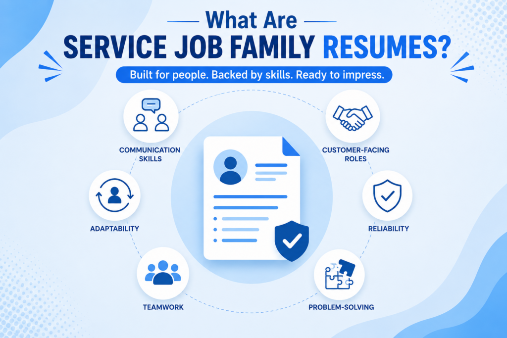 Resume Templates for Services Job Family infographic highlighting essential service industry resume skills, including communication, teamwork, adaptability, reliability, problem-solving, and customer-facing experience.