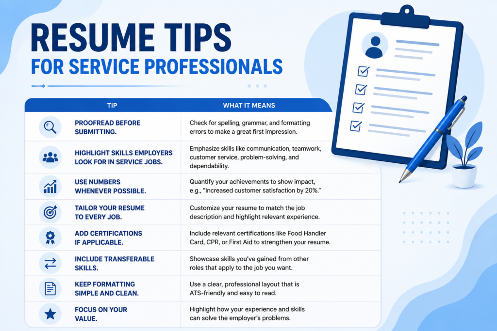 Resume tips for service professionals infographic highlighting proofreading, tailoring resumes, showcasing transferable skills, adding certifications, using measurable achievements, and keeping an ATS-friendly resume format.
