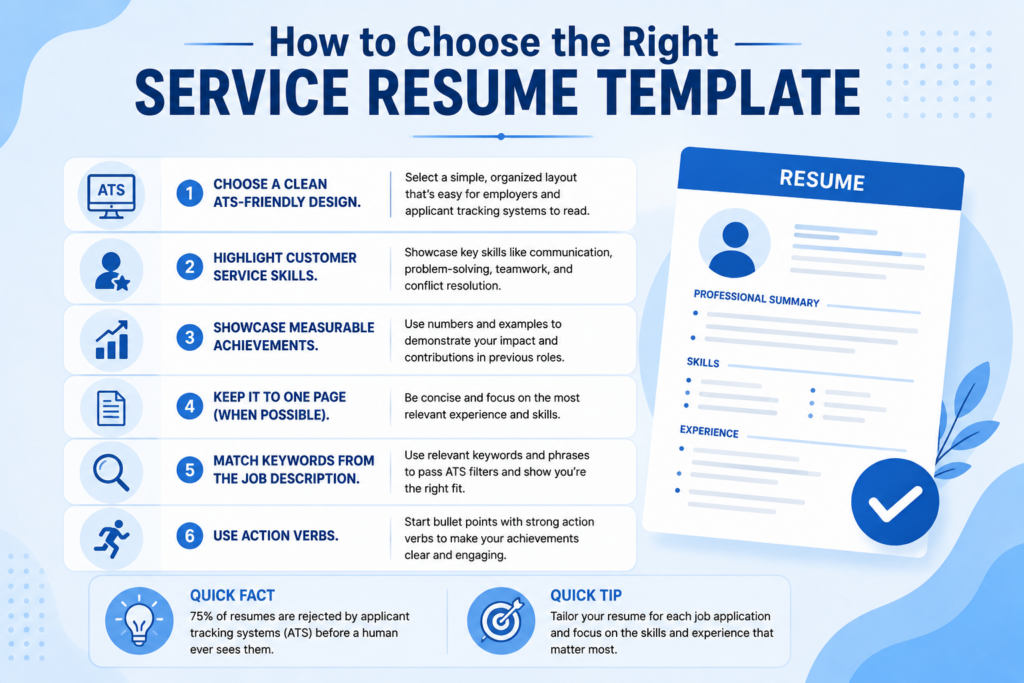 How to Choose the Right Service Resume Template infographic featuring ATS-friendly resume design tips, customer service skills, measurable achievements, keyword optimization, one-page resume advice, and action verbs.