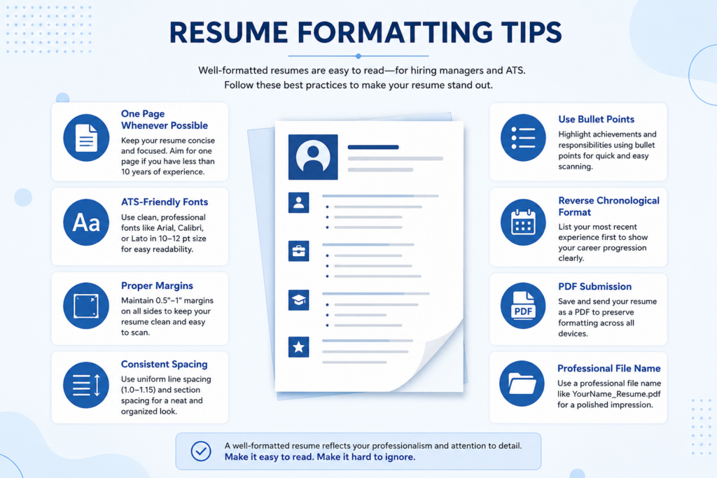 Professional Resume Templates for Finance Jobs infographic illustrating ATS-friendly resume formatting tips, including one-page resume layout, professional fonts, proper margins, consistent spacing, bullet points, reverse chronological format, PDF submission, and professional file naming using a clean blue-and-white design.