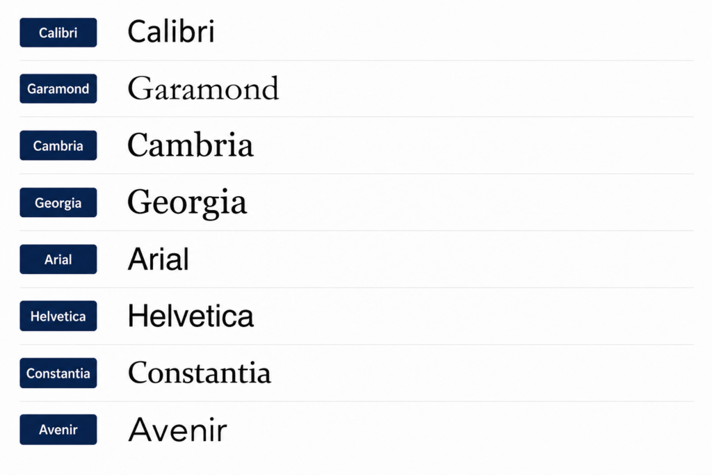 Comparison of the best cover letter font options, showing how Calibri, Garamond, Cambria, Georgia, Arial, Helvetica, Constantia, and Avenir appear in their respective typefaces.
