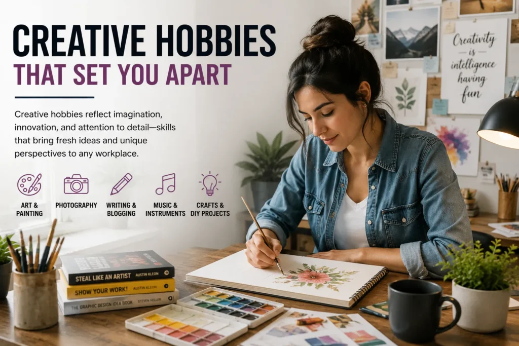 Creative hobbies for hobbies to be mentioned on resume – 135 examples featuring art, painting, photography, writing, music, and DIY projects that showcase creativity and innovation.