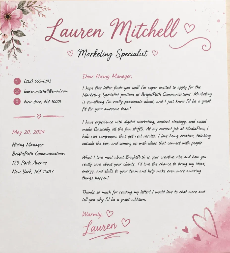 Creative cover letter font example featuring elegant script typography, decorative floral elements, and a stylish layout for creative job applications.