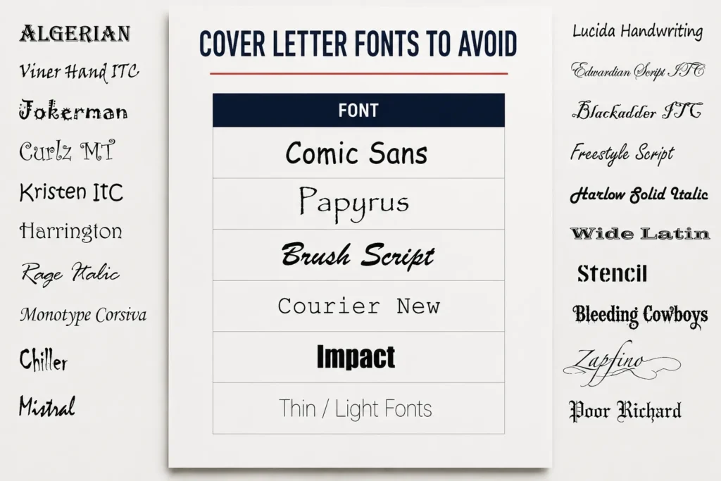 Infographic highlighting cover letter font styles to avoid, including Comic Sans, Papyrus, Brush Script, Impact, and other decorative fonts that reduce readability and ATS compatibility.