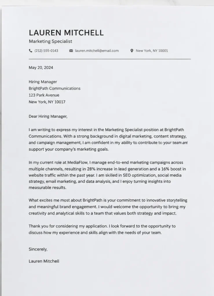 Professional cover letter font example featuring a clean, ATS-friendly layout with clear headings, readable typography, and a well-structured business letter format.