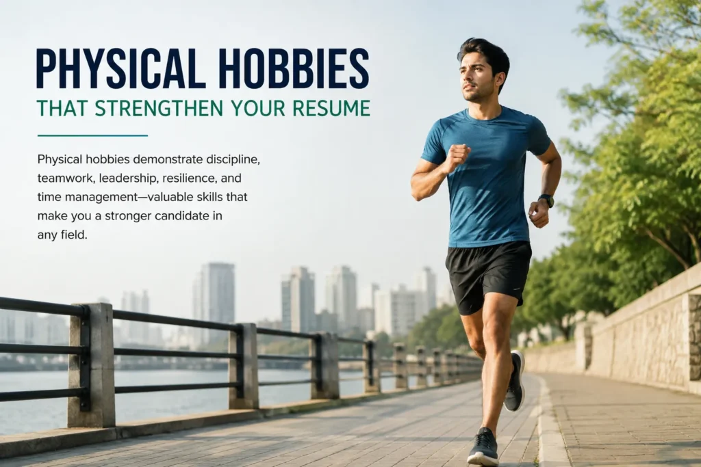 Physical hobbies for hobbies to be mentioned on resume – 135 examples featuring a person jogging outdoors, illustrating fitness activities that demonstrate discipline, resilience, teamwork, and time management.