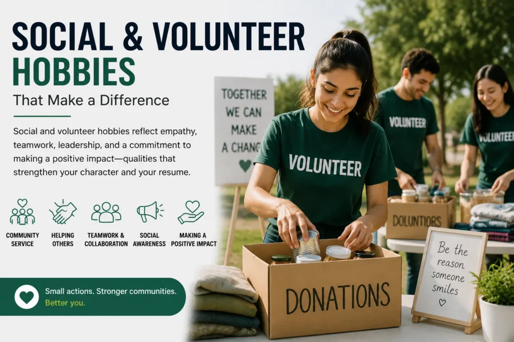 Social and volunteer hobbies for hobbies to be mentioned on resume – 135 examples featuring volunteers organizing donations and highlighting teamwork, leadership, community service, and social impact.
