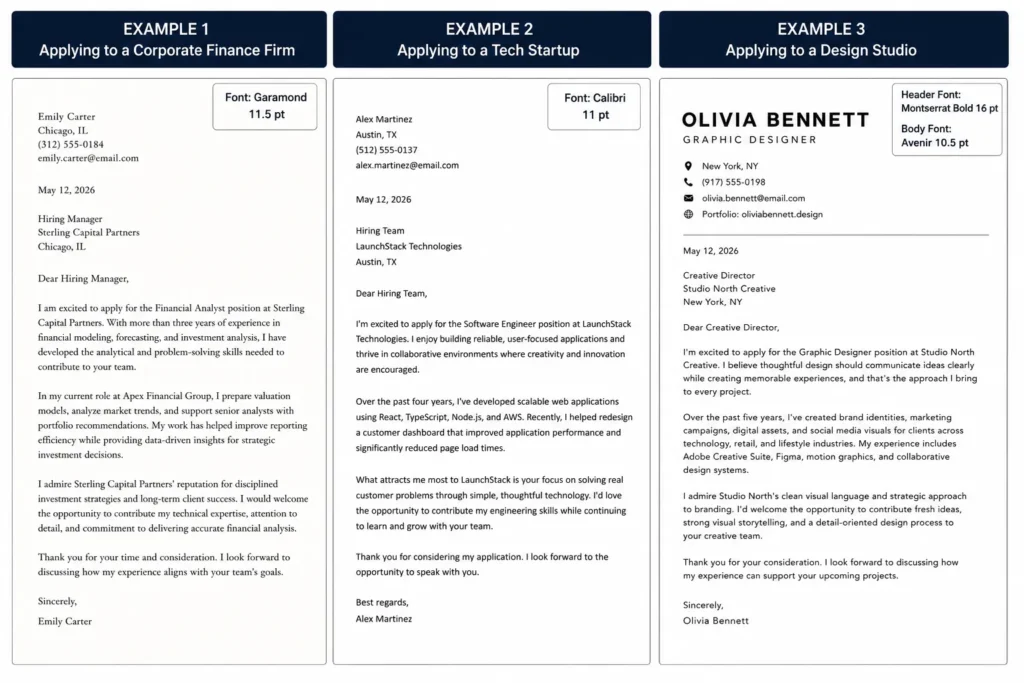 Comparison of cover letter font examples for corporate finance, tech startup, and design studio applications using Garamond, Calibri, Montserrat, and Avenir.