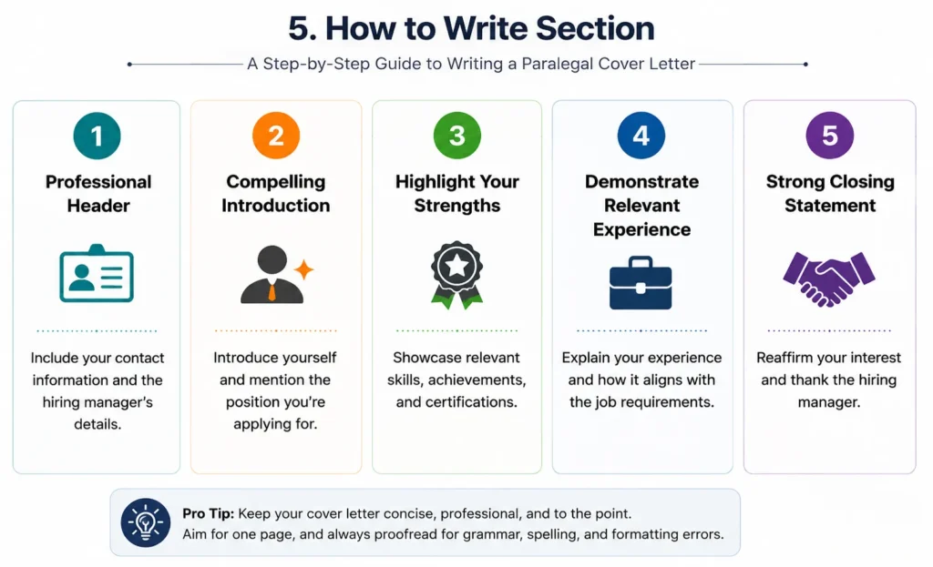 Cover Letter for Paralegal step-by-step writing guide explaining how to create a professional header, compelling introduction, highlight relevant skills, demonstrate legal experience, and write a strong closing statement.
