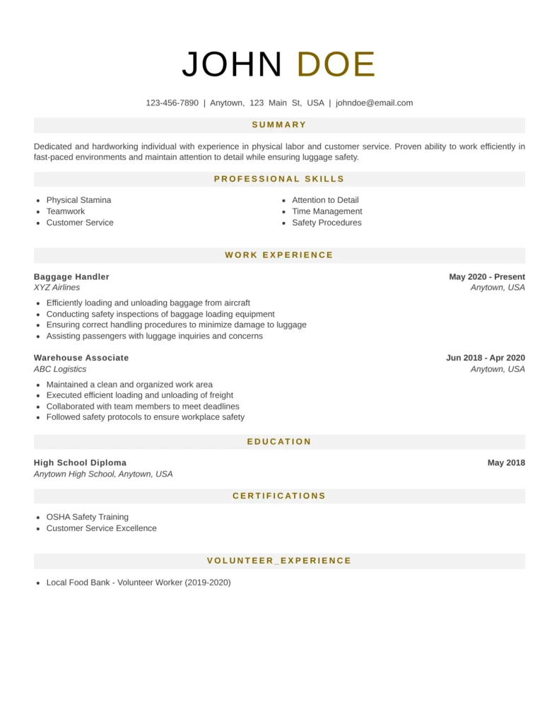 Professional Resume Templates For Services Job Family featuring a clean and ATS-friendly baggage handler resume template with sections for summary, professional skills, work experience, education, certifications, and volunteer experience, designed for airport, airline, warehouse, and baggage handling roles.