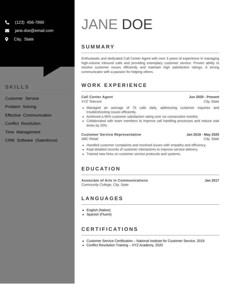 Professional Resume Templates For Services Job Family featuring a modern call center agent resume template with sections for summary, work experience, education, languages, certifications, and customer service skills, ideal for call center, customer support, and contact center roles.