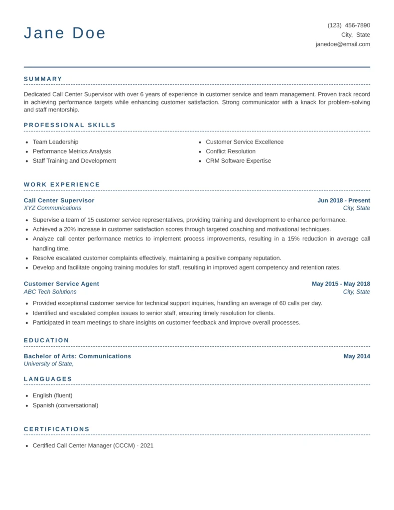 Professional Resume Templates For Services Job Family featuring a clean and ATS-friendly call center supervisor resume template with sections for summary, professional skills, work experience, education, languages, and certifications, designed for customer service leadership and contact center management roles.