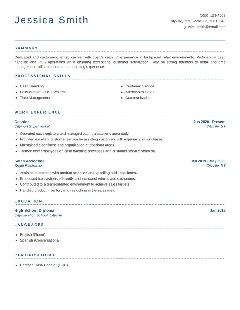 Professional Resume Templates For Services Job Family featuring a clean and ATS-friendly cashier resume template with sections for summary, professional skills, work experience, education, languages, and certifications, designed for retail, supermarket, and customer service positions.