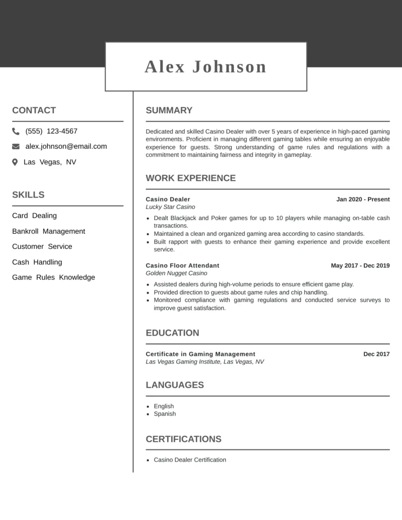 Professional Resume Templates For Services Job Family featuring a clean and ATS-friendly casino dealer resume template with sections for summary, skills, work experience, education, languages, certifications, and contact information, designed for casino, gaming, hospitality, and customer service roles.