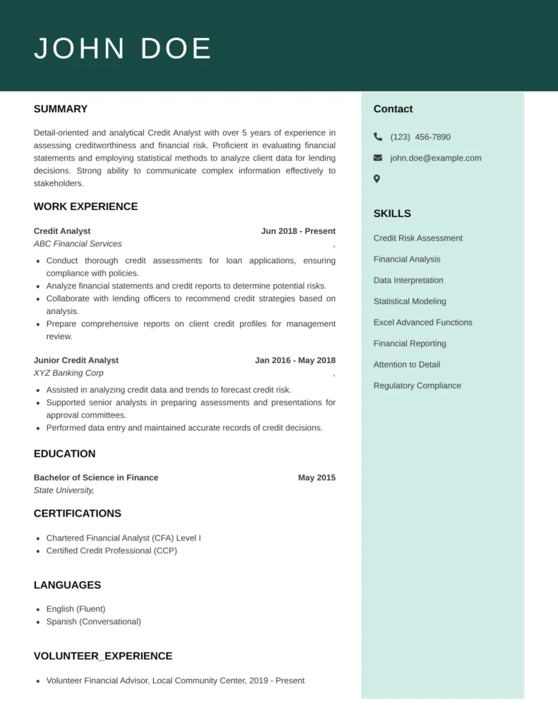 Mortgage Underwriter Resume example featuring a modern two-column layout with sections for summary, work experience, skills, education, certifications, languages, volunteer experience, and contact information.