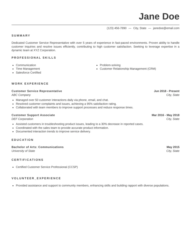 Professional Resume Templates For Services Job Family featuring a clean and ATS-friendly fast food worker resume template with sections for summary, professional skills, work experience, education, certifications, and volunteer experience for restaurant, quick-service, and customer-facing roles.