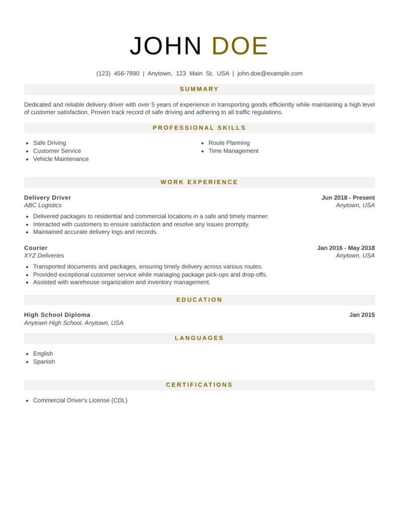 Professional Resume Templates For Services Job Family featuring a clean and ATS-friendly delivery driver resume template with sections for summary, professional skills, work experience, education, languages, and certifications, ideal for delivery, courier, logistics, and transportation roles.