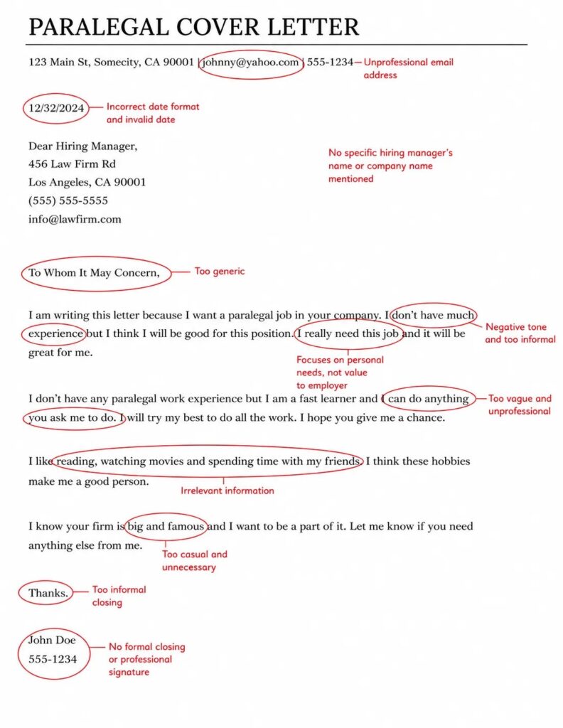 Cover Letter for Paralegal highlighting common mistakes to avoid, including poor formatting, generic opening, weak closing, grammar errors, irrelevant information, and unprofessional writing practices.