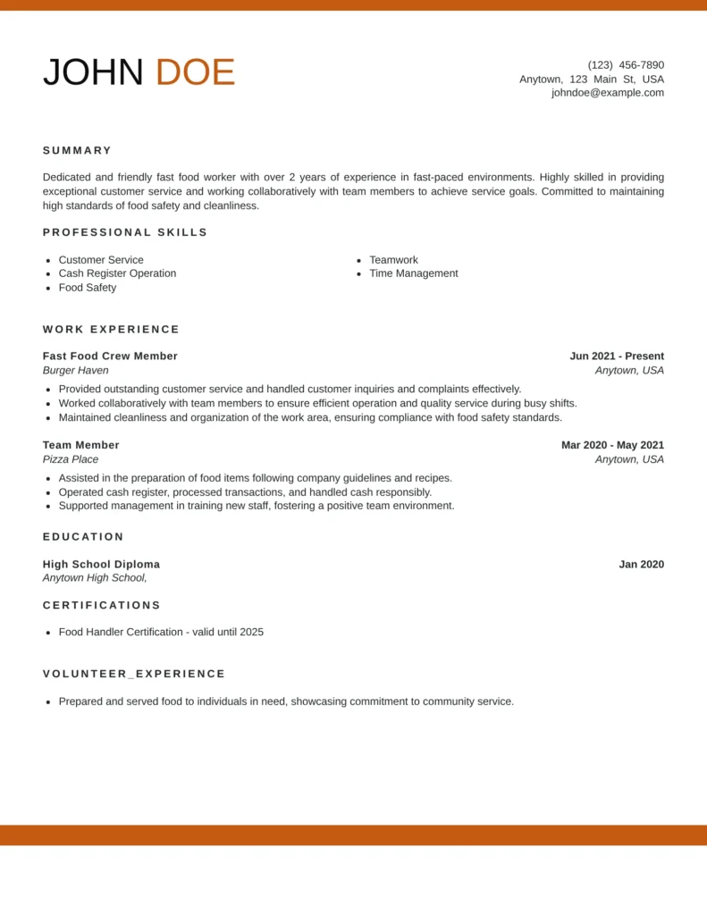 Professional Resume Templates For Services Job Family featuring a clean and ATS-friendly fast food worker resume template with sections for summary, professional skills, work experience, education, certifications, and volunteer experience for restaurant, quick-service, and customer-facing roles.