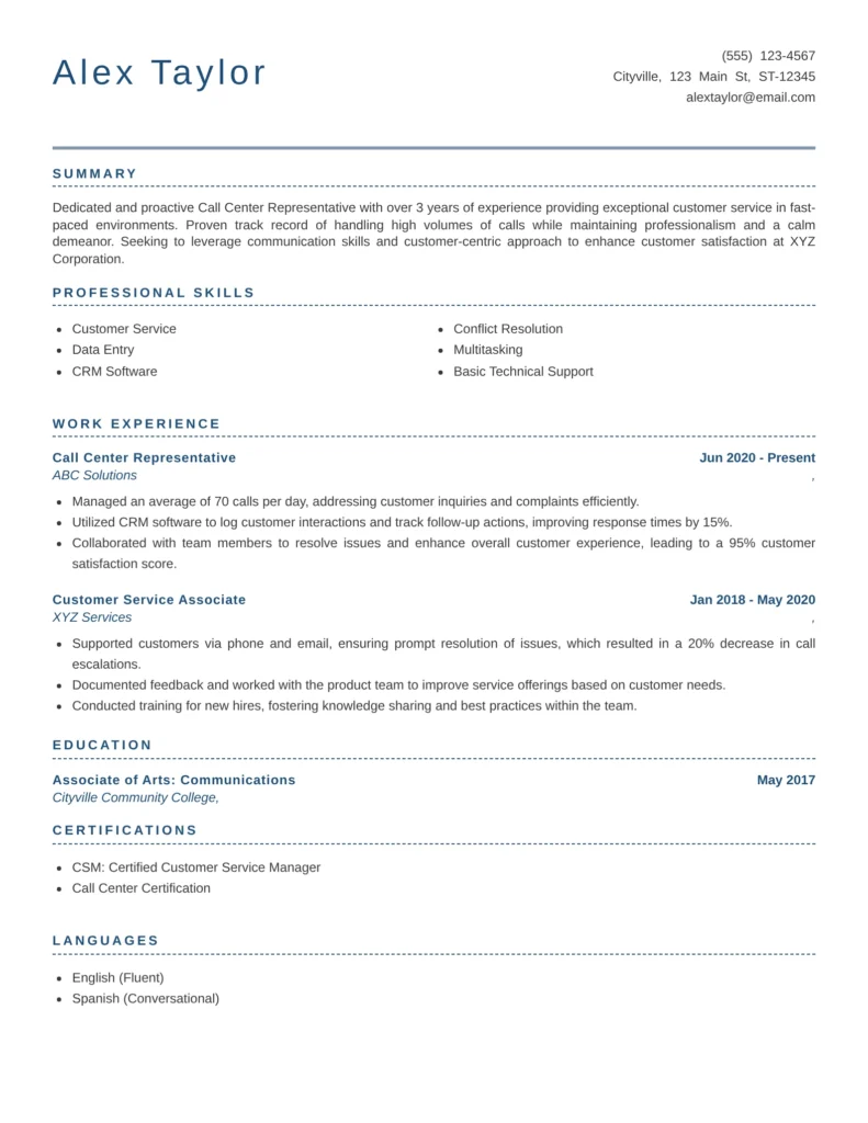 Professional Resume Templates For Services Job Family featuring a clean and ATS-friendly call center representative resume template with sections for summary, professional skills, work experience, education, certifications, and languages, ideal for customer service and contact center positions.