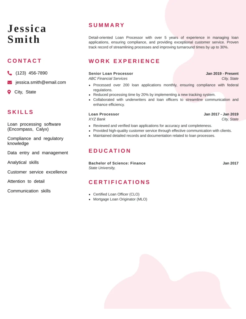 Professional Mortgage Underwriter Resume template featuring a clean two-column layout with sections for summary, work experience, skills, education, certifications, and contact information.
