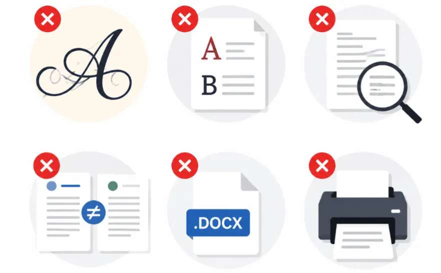 Illustration showing common cover letter font and formatting mistakes to avoid, including decorative fonts, poor readability, inconsistent formatting, DOCX files, and improper printing.