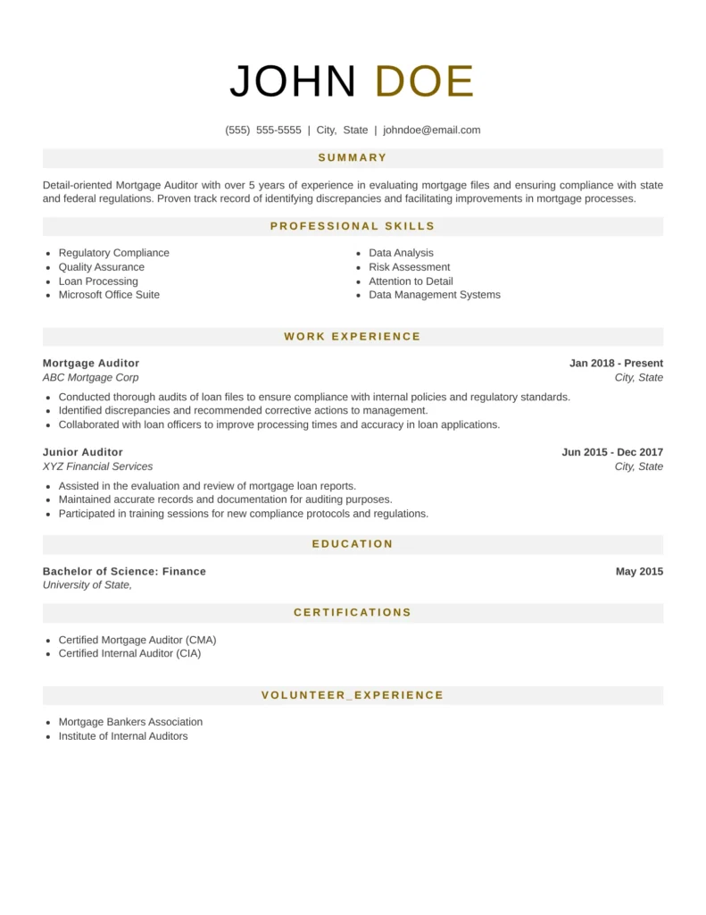 Mortgage Underwriter Resume for a Mortgage Auditor featuring a clean, ATS-friendly layout with sections for summary, professional skills, work experience, education, certifications, volunteer experience, and contact information.