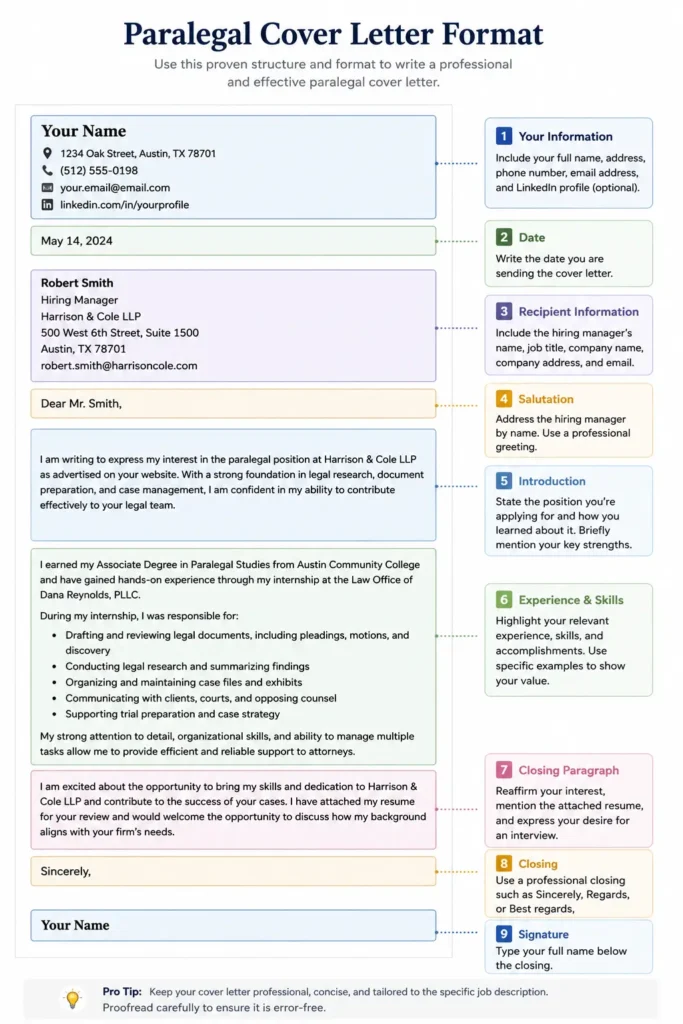 Cover Letter for Paralegal format guide illustrating the correct structure, including contact information, date, recipient details, salutation, introduction, legal experience, closing paragraph, professional closing, and signature.