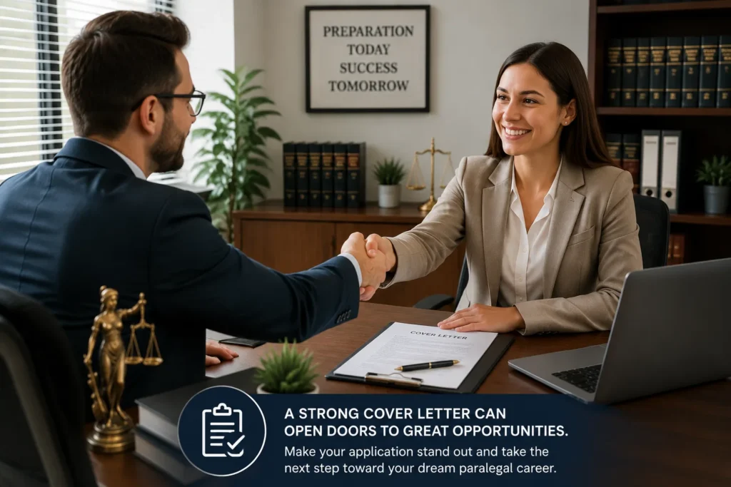 Cover Letter for Paralegal featuring a legal professional preparing case files, drafting legal documents, conducting legal research, and working at a law office desk with a laptop and legal paperwork.