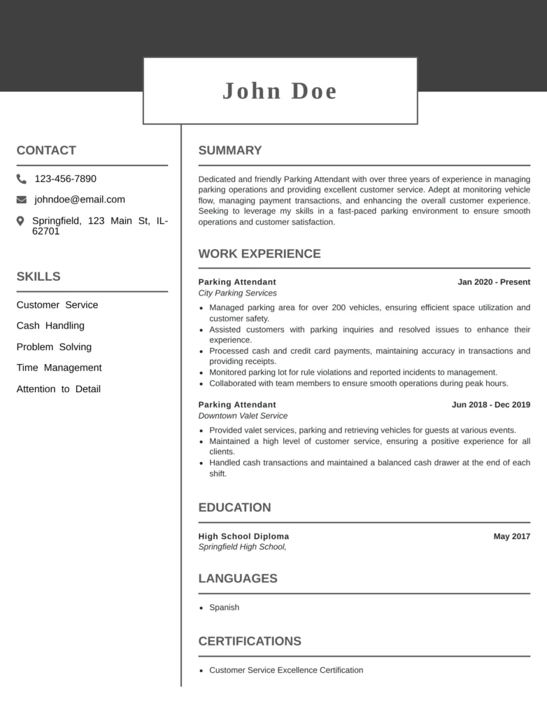 Professional Resume Templates For Services Job Family featuring a clean and ATS-friendly parking attendant resume template with sections for summary, work experience, education, certifications, languages, contact information, and key skills, designed for parking, valet, and customer service roles.