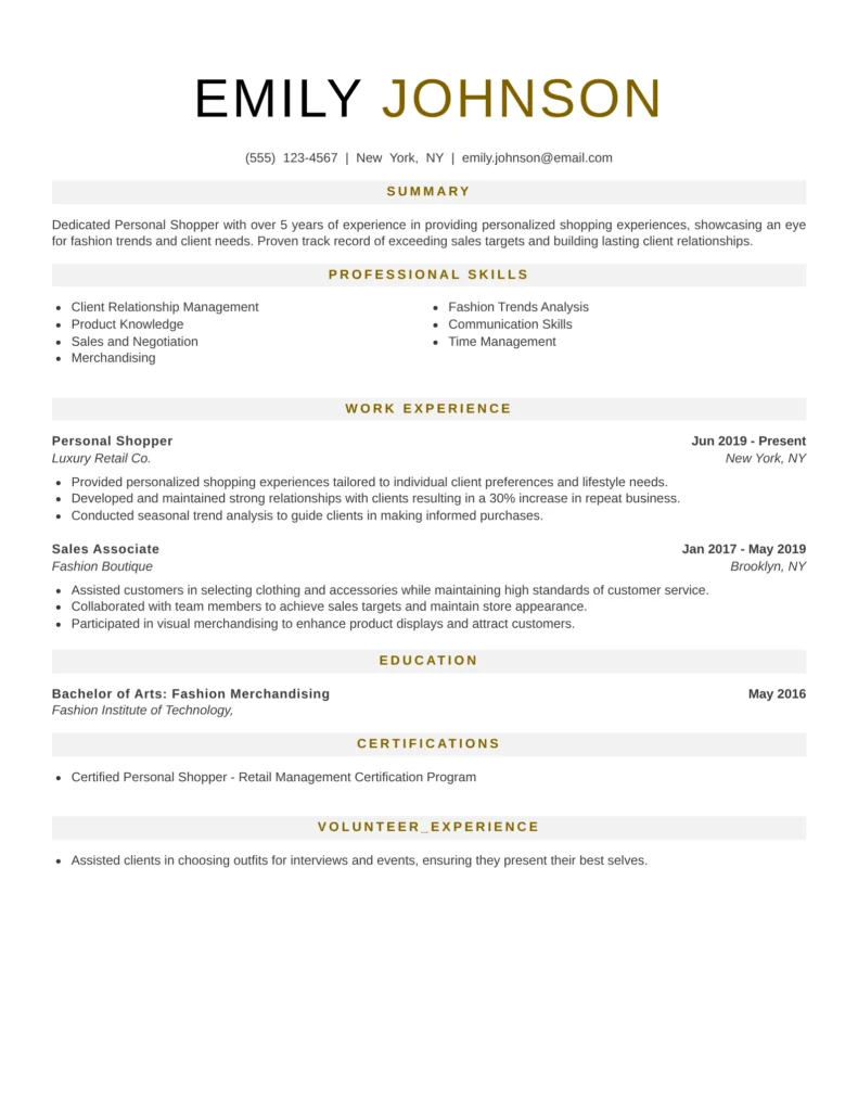 Professional Resume Templates For Services Job Family featuring a modern personal shopper resume template with sections for summary, professional skills, work experience, education, certifications, and volunteer experience, designed for retail, fashion, luxury shopping, and client service roles.
