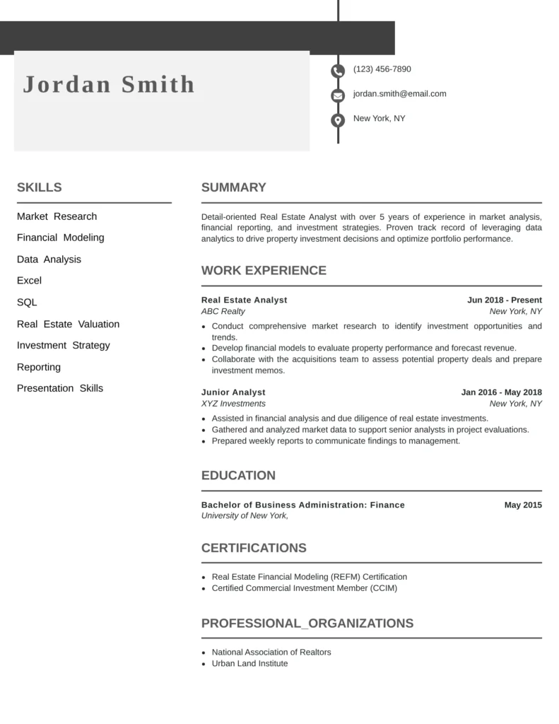 Mortgage Underwriter Resume for a Real Estate Analyst featuring a clean professional layout with sections for contact information, skills, summary, work experience, education, certifications, and professional organizations.