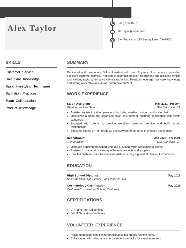 Professional Resume Templates For Services Job Family featuring a clean and ATS-friendly salon assistant resume template with sections for summary, skills, work experience, education, certifications, volunteer experience, and contact information, designed for salon, beauty, cosmetology, and customer service roles.