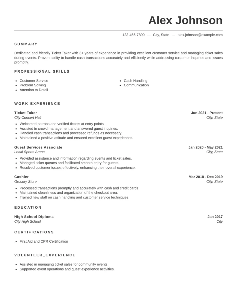 Professional Resume Templates For Services Job Family featuring a clean and ATS-friendly ticket taker resume template with sections for summary, professional skills, work experience, education, certifications, and volunteer experience for ticketing, customer service, and event operations roles.