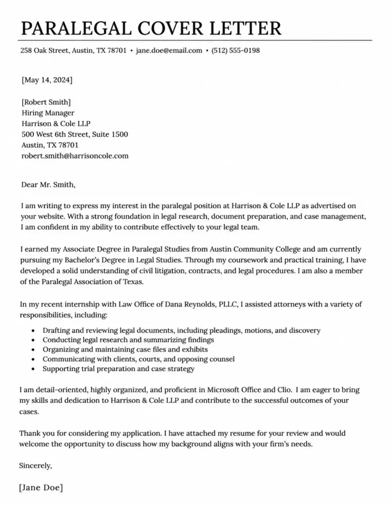 Cover Letter for Paralegal showcasing a professional format with a personalized introduction, relevant legal experience, organized structure, strong closing statement, and formal business letter layout.