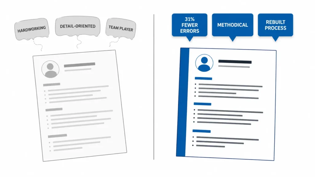 Resume adjectives comparison showing generic words like hardworking, detail-oriented, and team player versus specific, achievement-focused resume language.