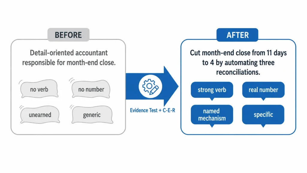 Resume adjectives before-and-after example showing how to replace a generic detail-oriented claim with a strong action verb, specific evidence, and measurable results.