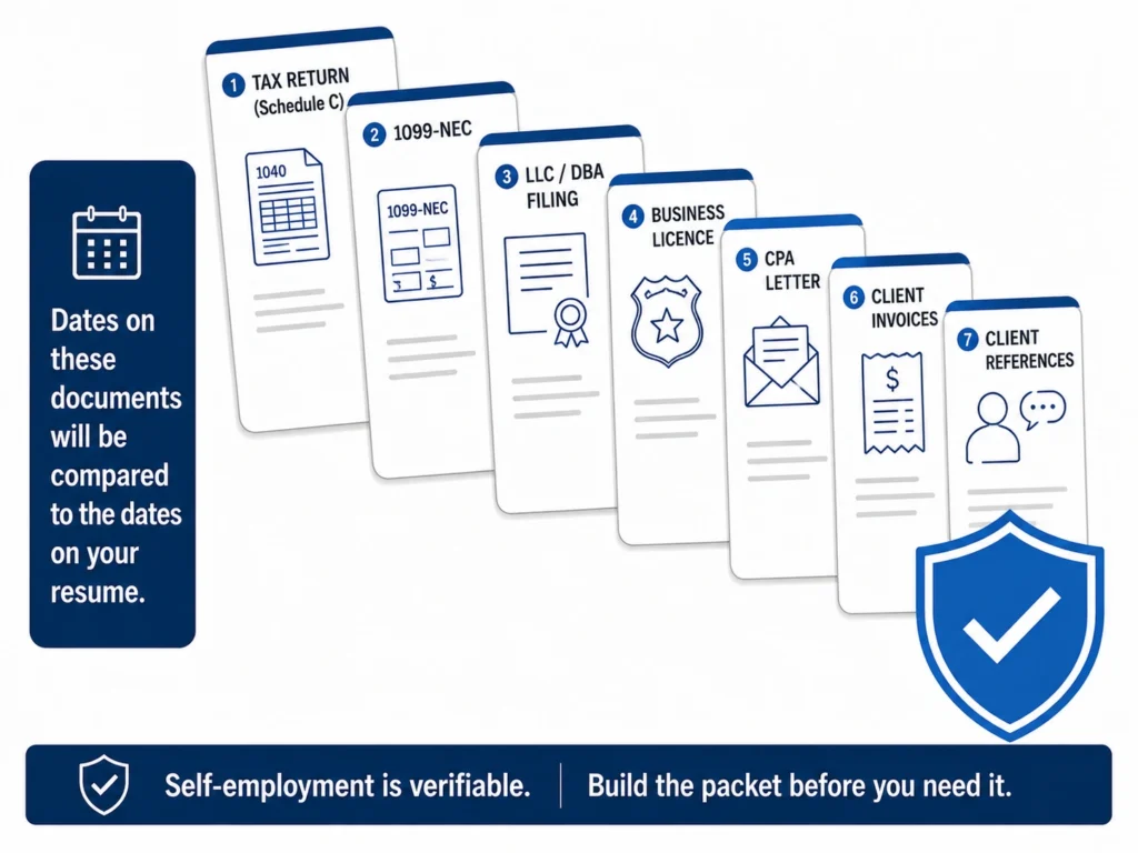 How To Include Self Employment On Resume with documents that verify work history, including tax returns, 1099 forms, business filings, licenses, CPA letters, client invoices, and references.