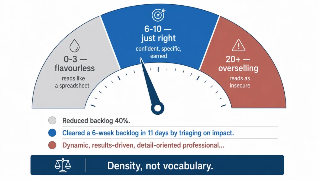 Resume adjectives infographic showing the ideal number of adjectives to use on a resume, comparing too few, 6–10 well-supported adjectives, and excessive buzzword use.