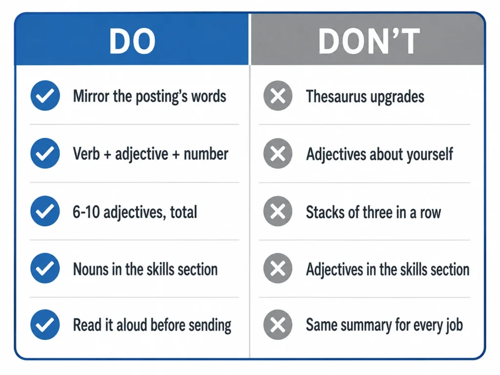 Resume adjectives dos and don’ts infographic showing how to use relevant adjectives with action verbs and numbers while avoiding generic buzzwords and adjectives in the skills section.